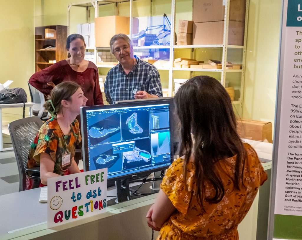 Person inspects morphological characteristics of a fossil on a computer screen while a visitor watches from a separate screen.