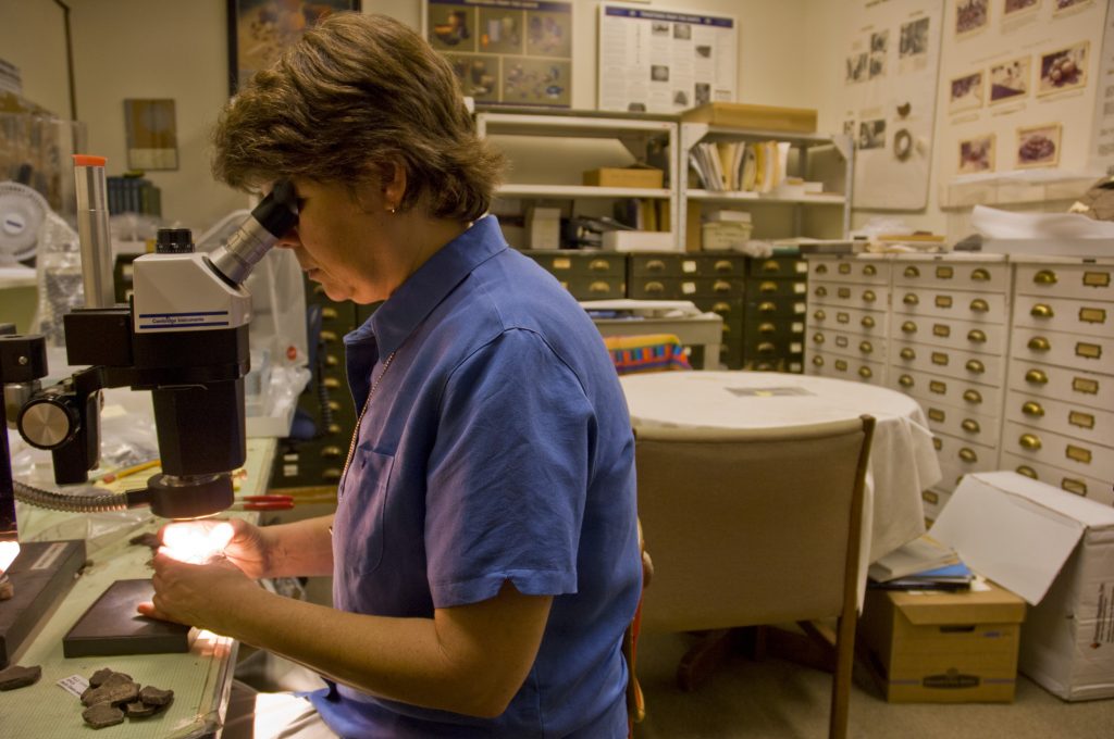 Person looking into a microscope.