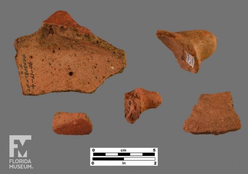 Formal artifact photo of five sherds with painting on most, inlcuding two adornos.