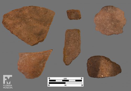 Formal artifact photo of six sherds, one with fine crosshatched incising.