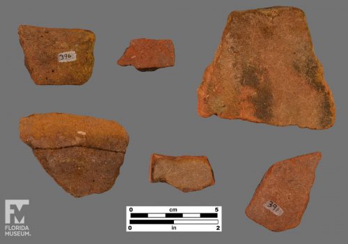 Formal artifact photo of six sherds, some with paint.