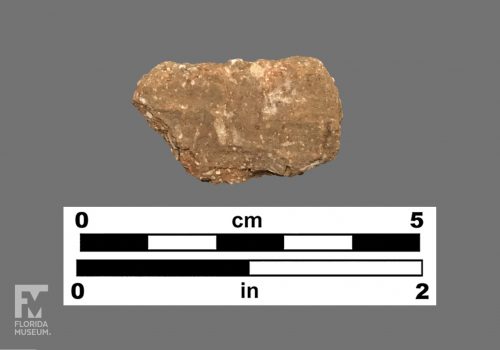 Formal artifact photo of a red sherd with white temper, that has impressions of some kind of textile or matt.