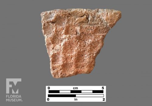 Formal artifact photo of a sherd with square shaped impressions on its surface.