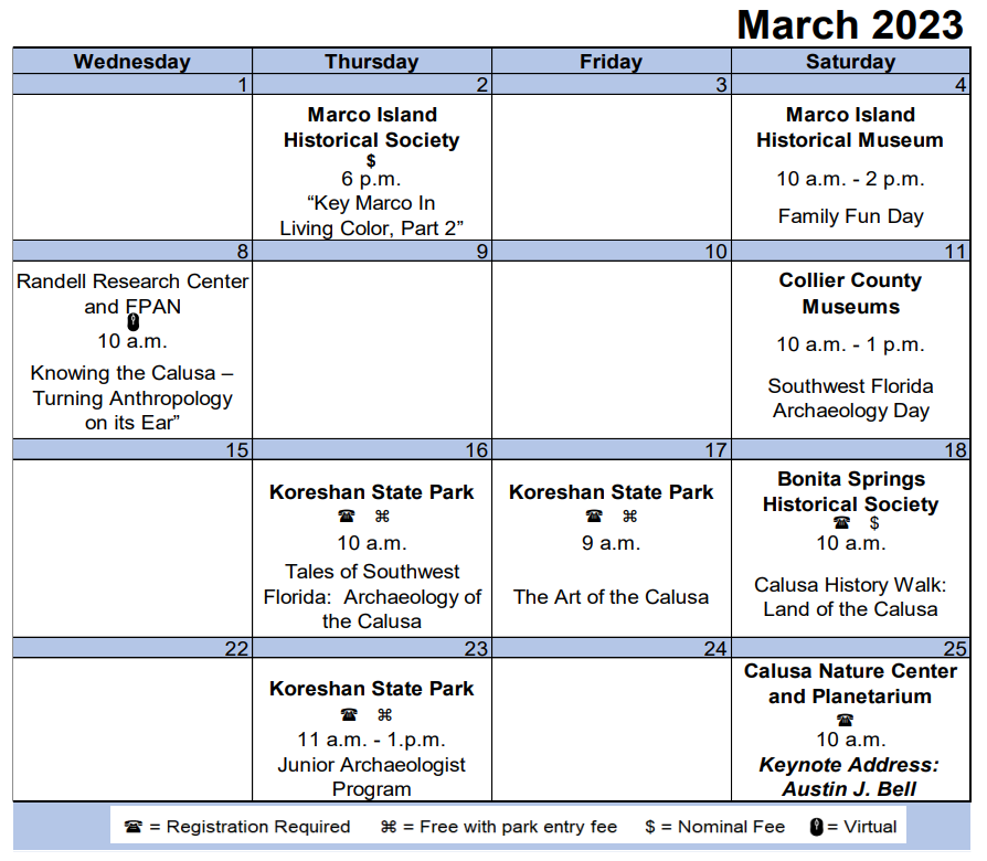 screenshot of a calendar of events for March 2023 from the PDF also available on this page
