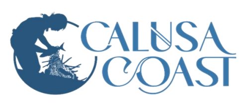 logo for Calusa Coast with a silhouette of a person fishing with a hand net