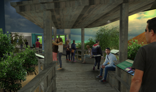 rendering of a boardwalk with people on it in a beach environment and green shrubs around