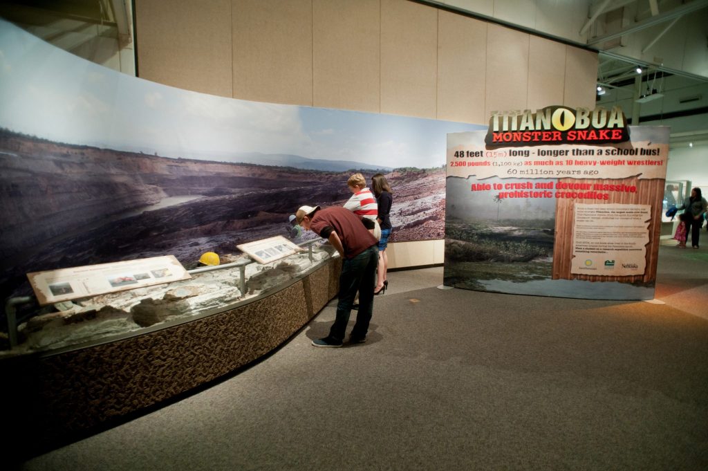 visitors look at specimens on display - a large sign reads Titanboa monster snake