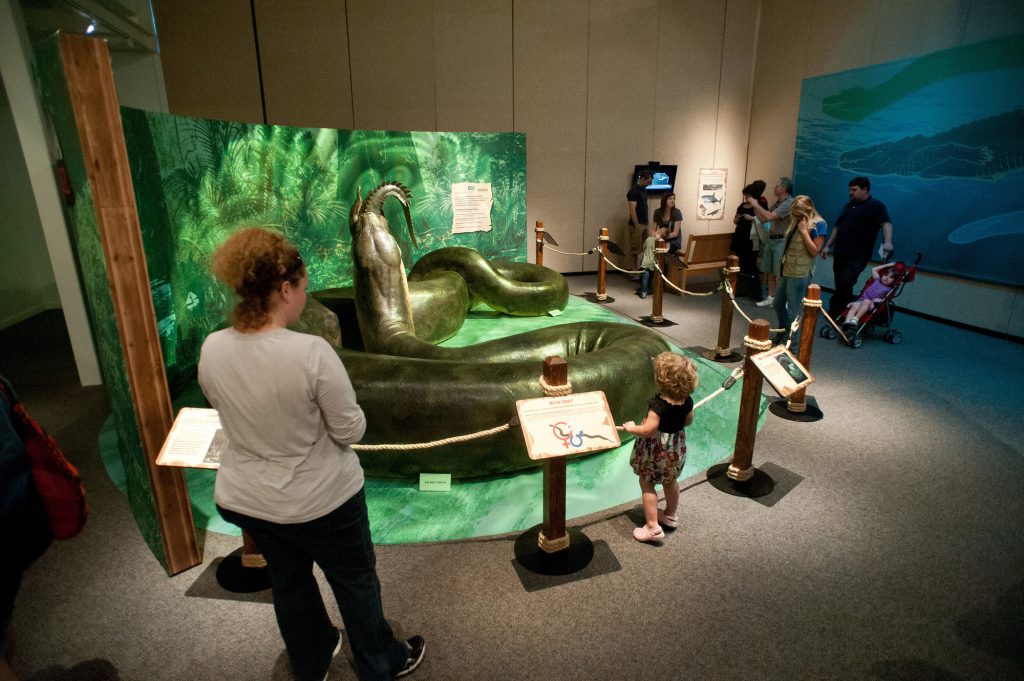 visitors of all ages look at the life size model of a titanboa eating a crocodile