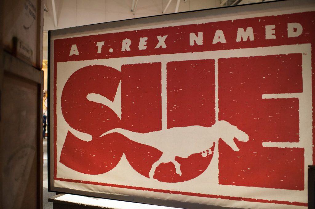 T. rex named Sue logo on display at the exhibit