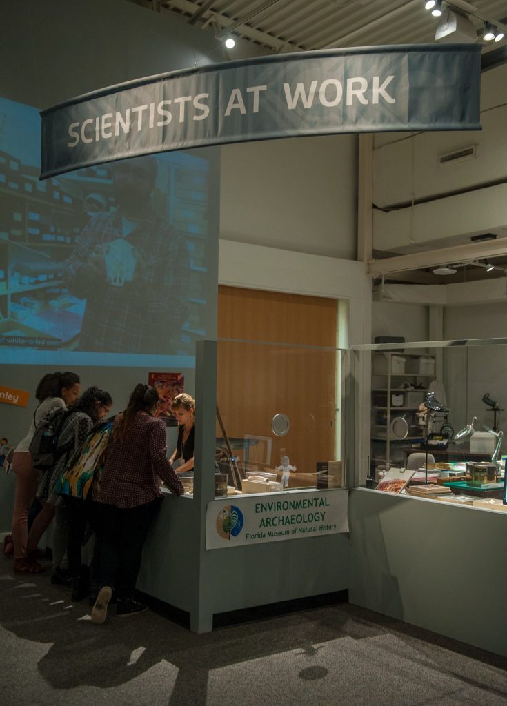 visitors speaking with researcher in the 'scientists at work' section in the exhibit