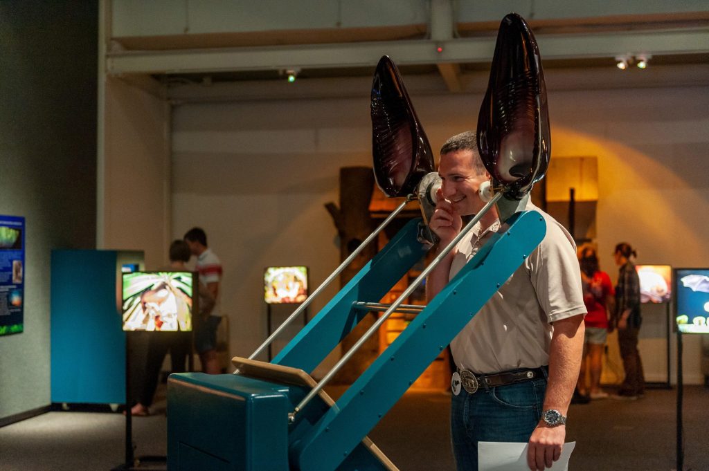 person standing between two large bat ears