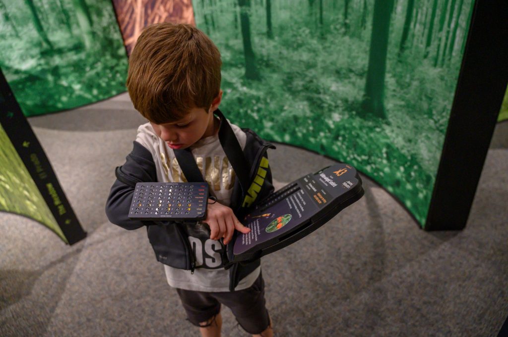young child visitor looks at the hand held game used while going through the amazing pollinator exhibit