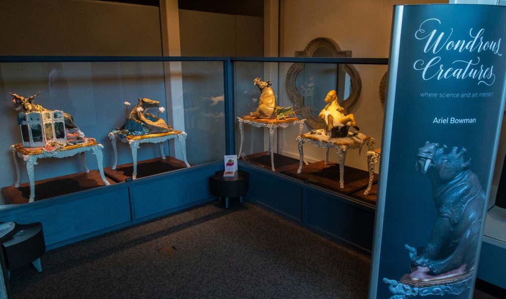 exhibit with several sculptures on display