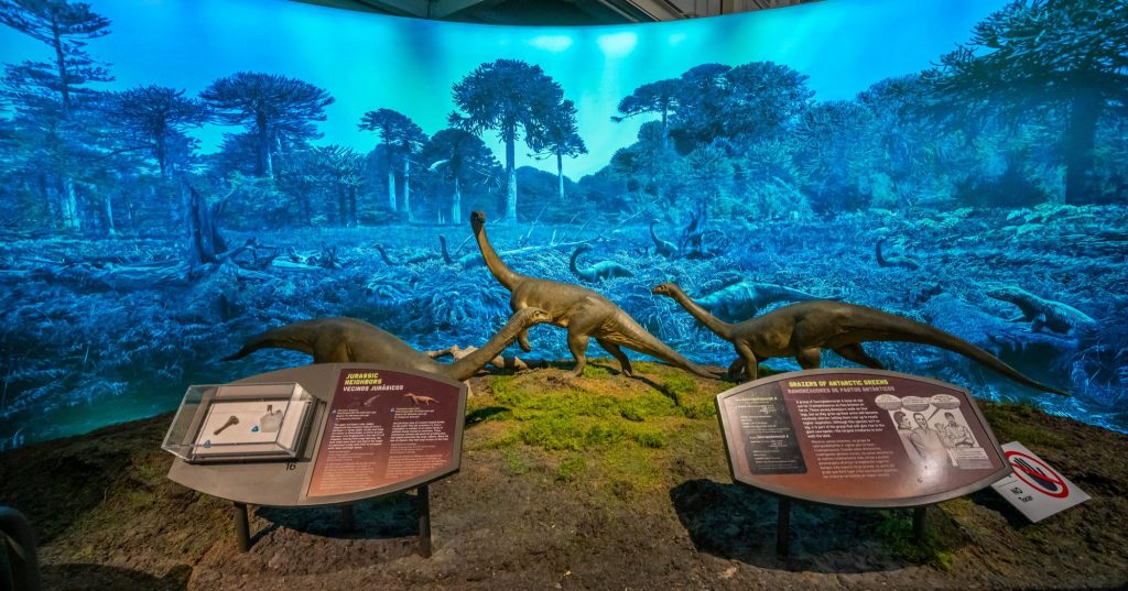 panoramic view of dinosaur models set in front of a large image showing the environment of the prehistoric antarctic