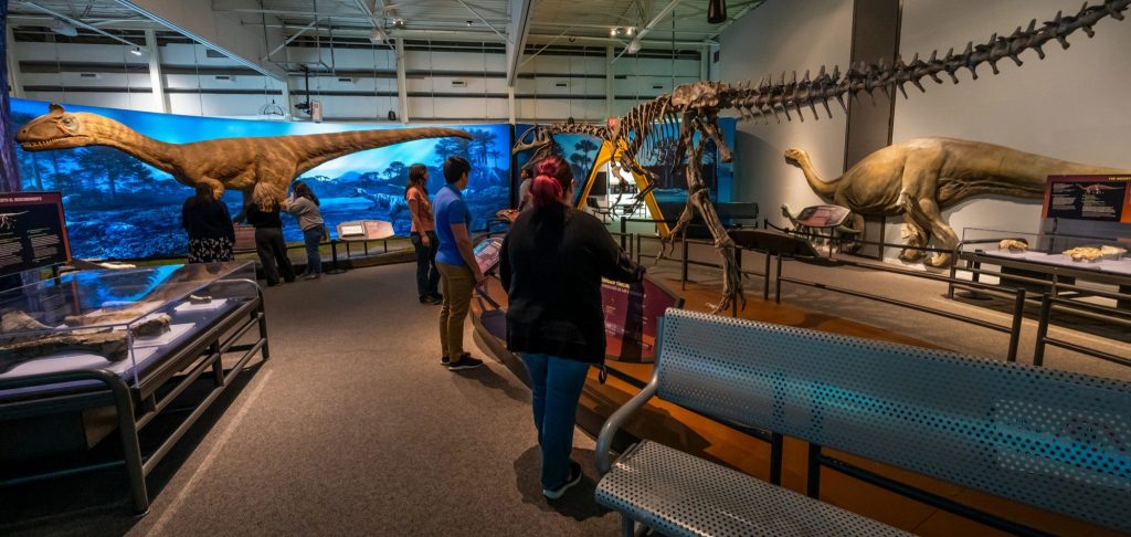 many people looking at the large skeleton on display in the Antarctic Dinosaurs exhibit
