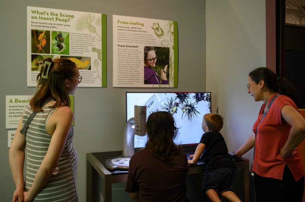 adults and children looking at screen showing magnified specimens