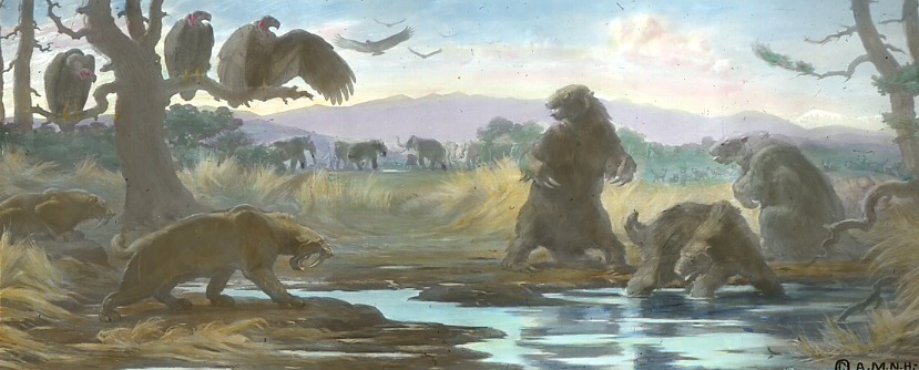 painting showing ancient animals near a tar pit