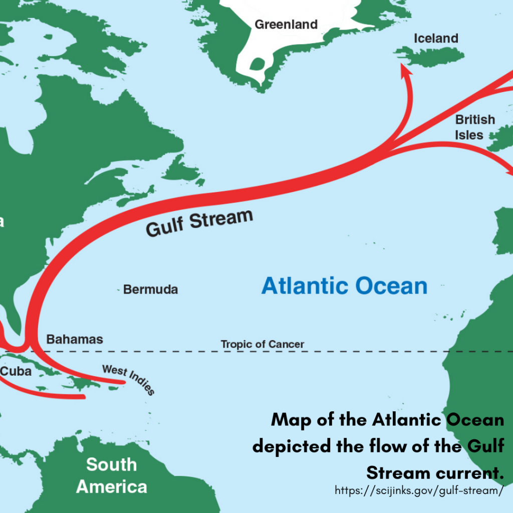 Map of the Atlantic Ocean depicted the flow of the Gulf Stream current. https://scijinks.gov/gulf-stream/