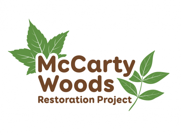 Text reading McCarty Woods Restoration Project surrounded by two green leaves