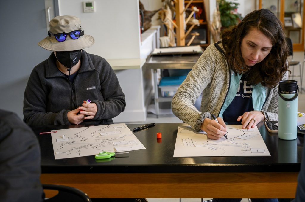 Lexi and Sadie sitting at a table drawing a river on a poster and gluing things to the poster.