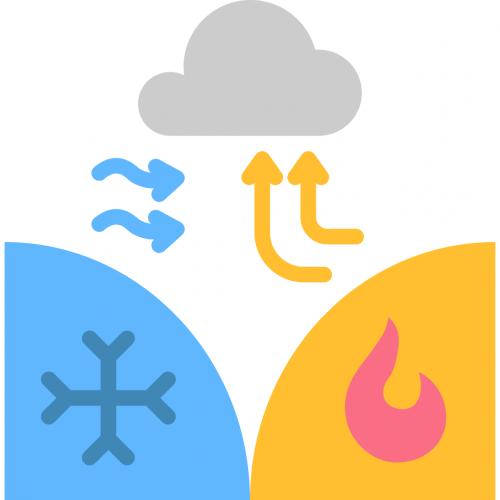 graphic depicting a blue shape that represents a cold front encroaching on an orange shape that represents a warm front, pushing it up toward a gray cloud